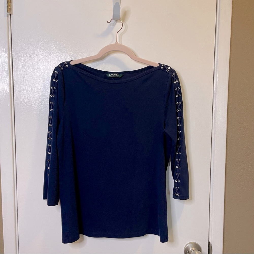 LAUREN Ralph Lauren / navy blue 3/4 Sleeve Top Boat Neck Corset sleeve / size L